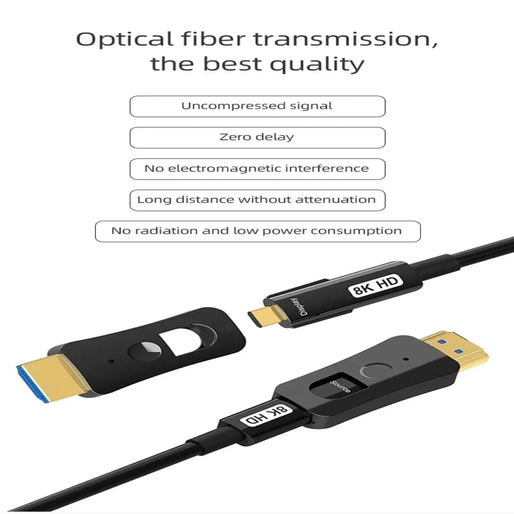 Cabo de vídeo HDMI fibra óptica preto com conectores destacáveis para transmissão sem interferência