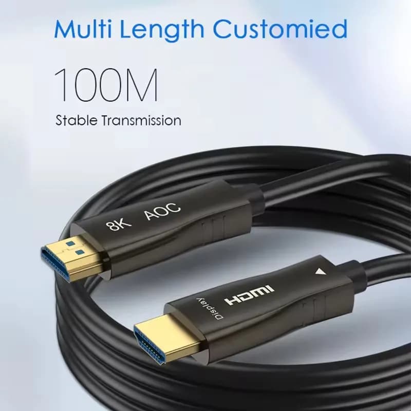 Cabo HDMI de fibra óptica preto com conectores 8K AOC para transmissão estável até 100 metros