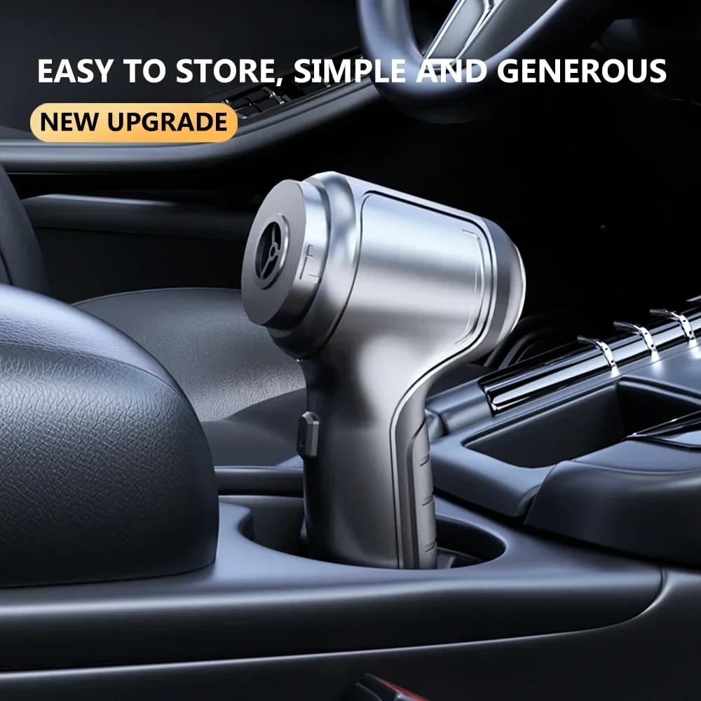 Aspirador de pó portátil prata para carro com design compacto e fácil armazenamento no console