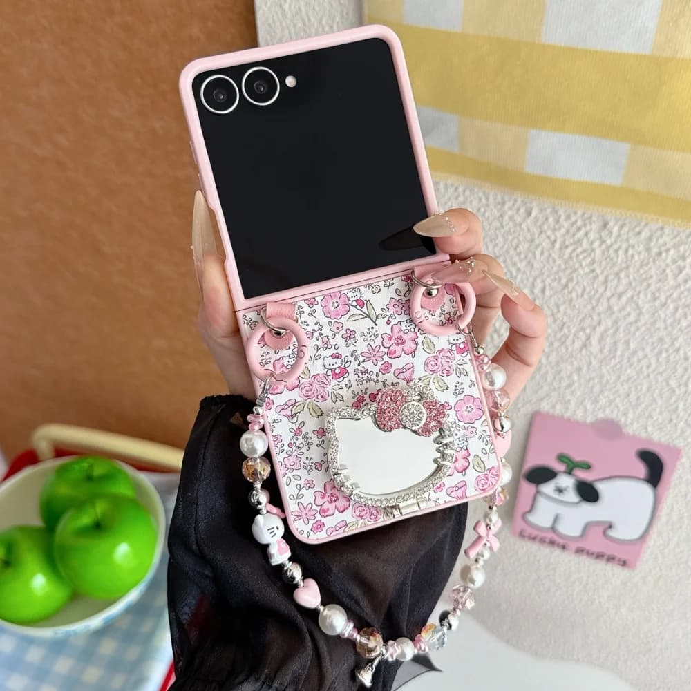 Capa de telefone Hello Kitty fofa com espelho floral para Samsung Galaxy Z Flip