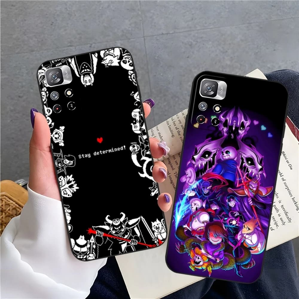 Capa de telefone Undertale para Xiaomi Poco M7, M6, M5, M4, F7, F6, F5, X7, X6, X5, C71, C75, C61, C65 Pro, com design de personagens em preto e roxo.