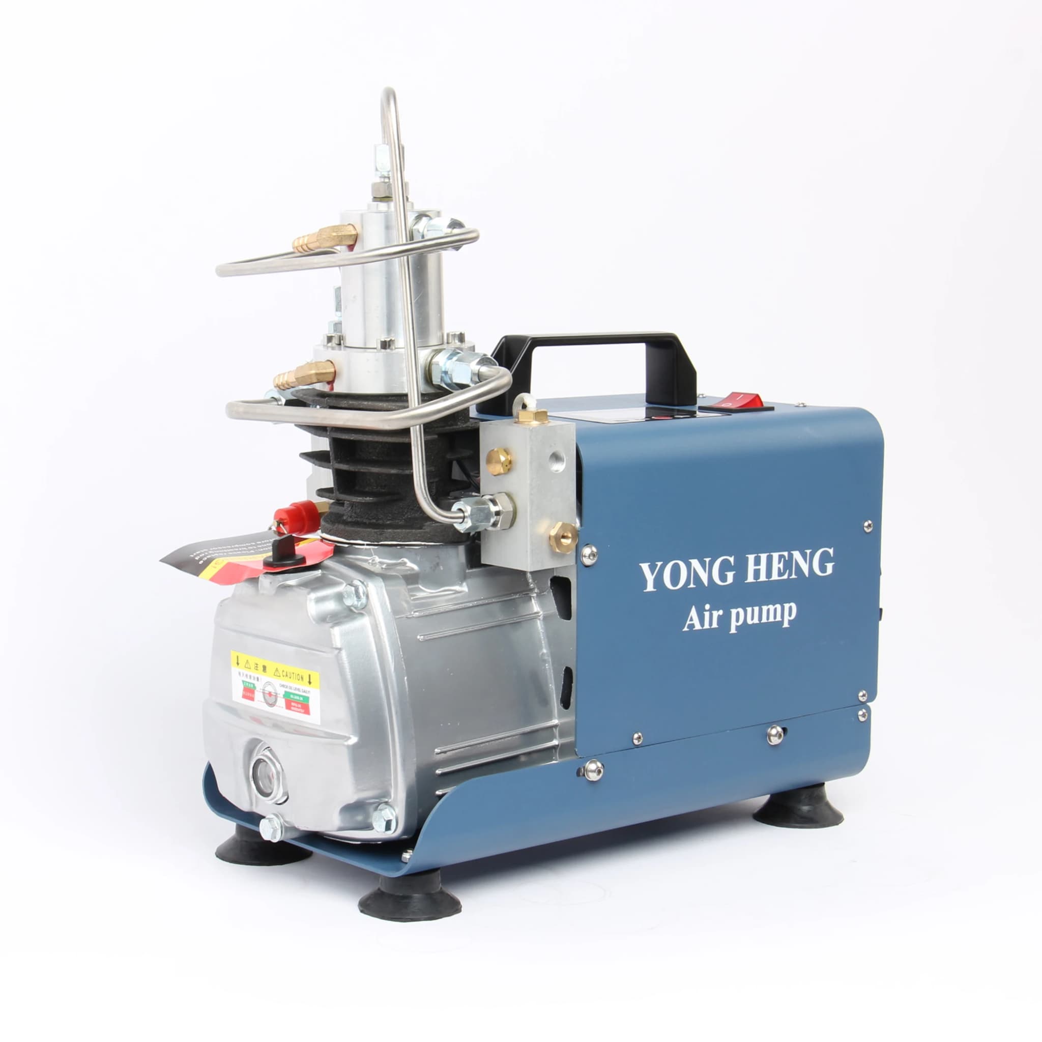 Compressor elétrico YONG HENG Air pump, azul e cinza, com botão vermelho e preto.
