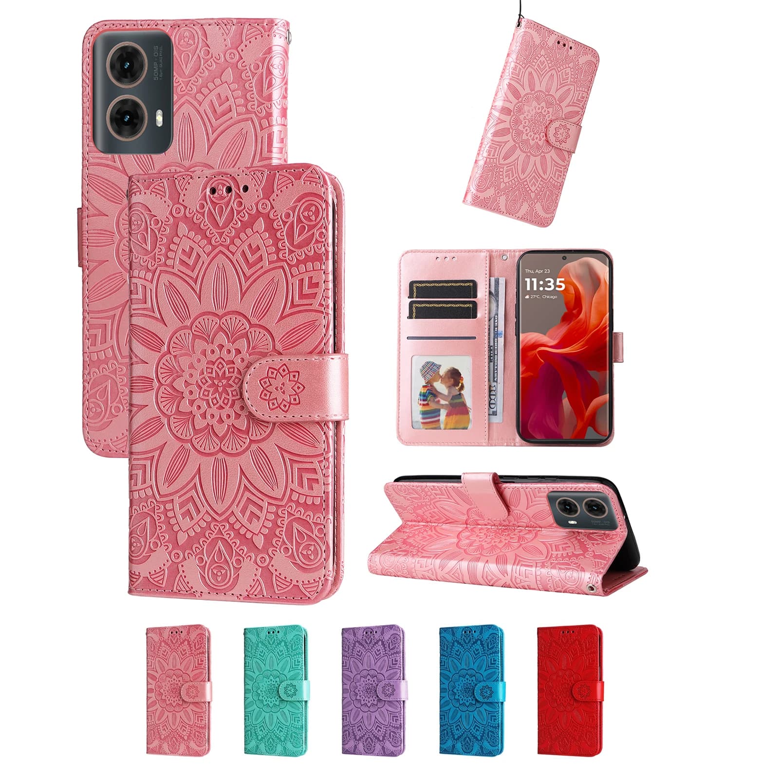 Capa carteira de couro magnética rosa para Motorola Moto G04 G04S G05 G15 Power G24 G35 G55 G75 G85 E14 E15 Edge 50 Ultra Fusion 5G