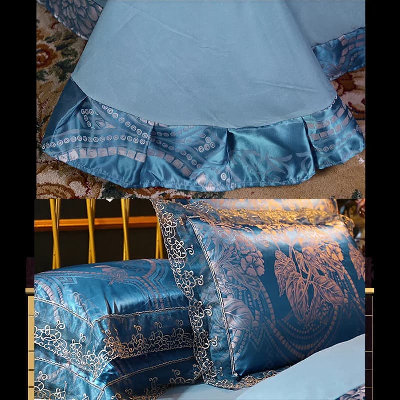 Saia de cama azul com bordado e fronhas combinando no conjunto clássico europeu king em tecido jacquard