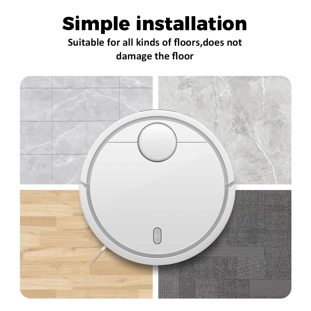 Aspirador robô Xiaomi 1C com escova lateral branca instalada, compatível com diversos tipos de piso sem danificar