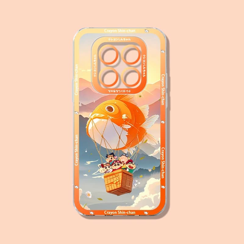 Capa para celular Redmi 15 laranja transparente com desenho Crayon Shin-chan balão de peixe e personagens animados