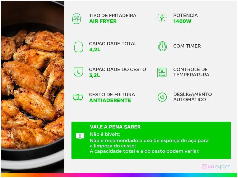 Fritadeira Elétrica sem Óleo/Air Fryer Nell Fit - 110V preta e prata