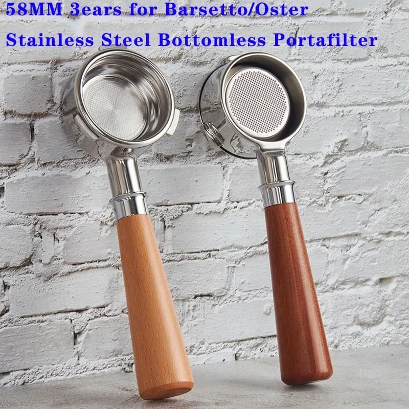 Portafiltros de café de aço inoxidável com fundo de 58mm e alça de madeira para máquina Barsetto/Oster