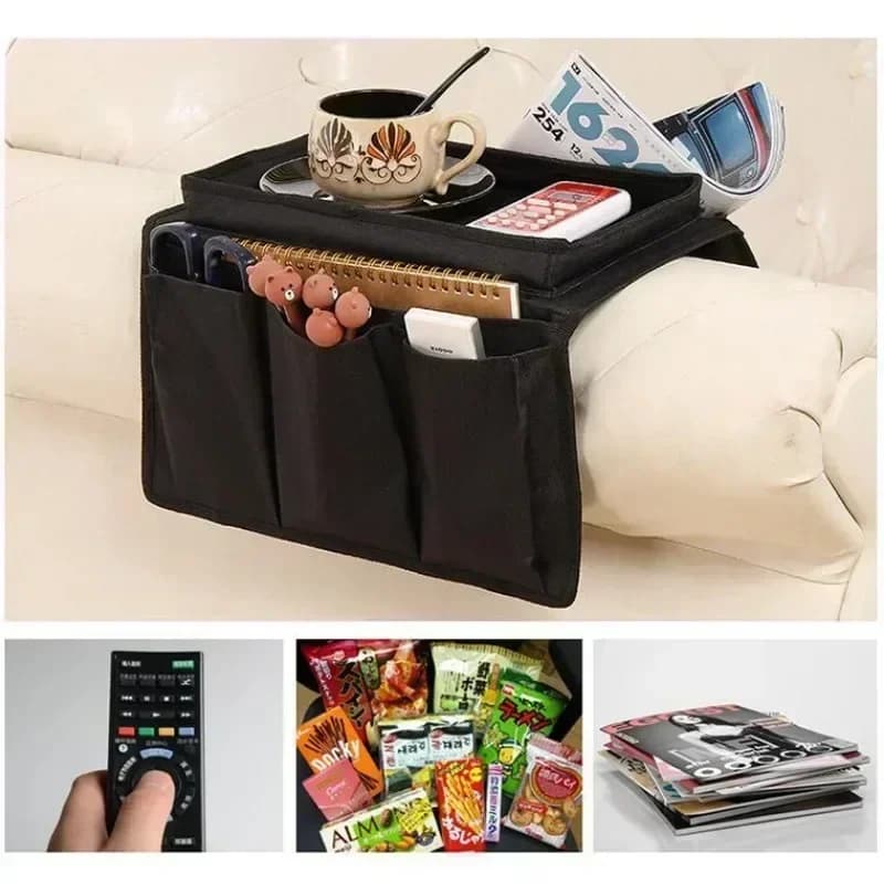 Organizador de sofá preto com 6 bolsos, armazenando controle remoto, canetas, caderno e revista