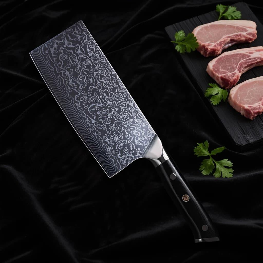 Faca profissional aço damasco com cabo preto exibida ao lado de carnes frescas em tábua de corte