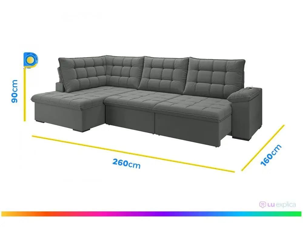 Sofá de canto Flexforma Dallas 6 lugares cinza suede veludo com medidas 260x160x90 cm
