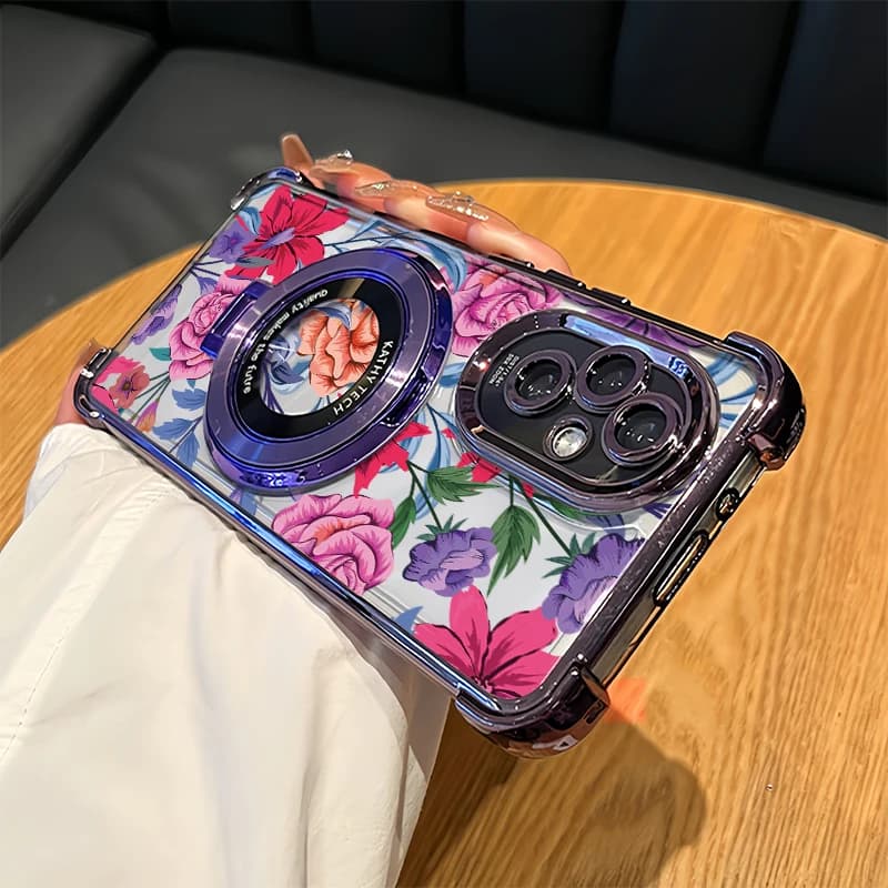 Capa transparente floral para Motorola, à prova de choque, suporte
