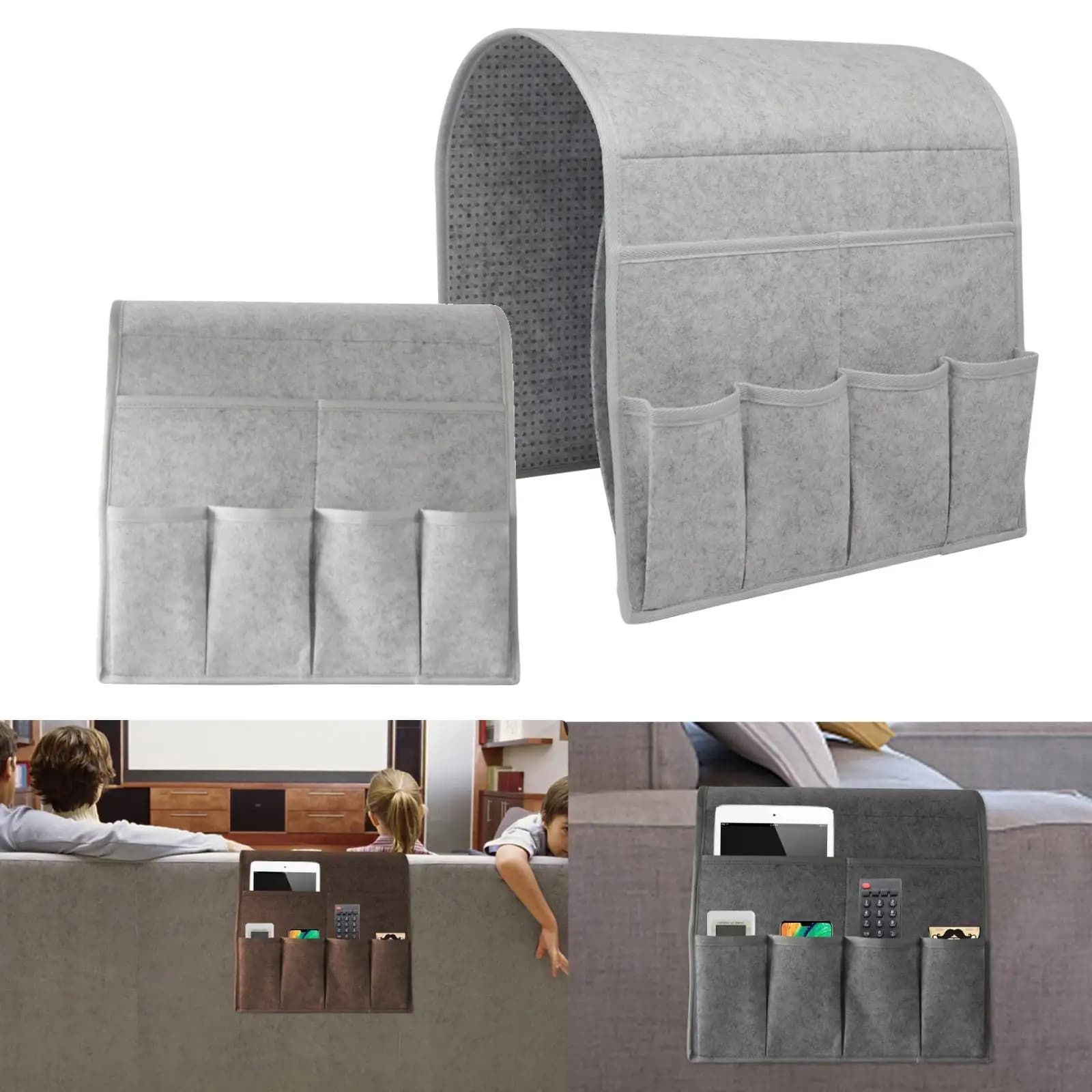 Organizador de braço de sofá cinza com 7 bolsos, antiderrapante, para controles remotos, telefones e revistas