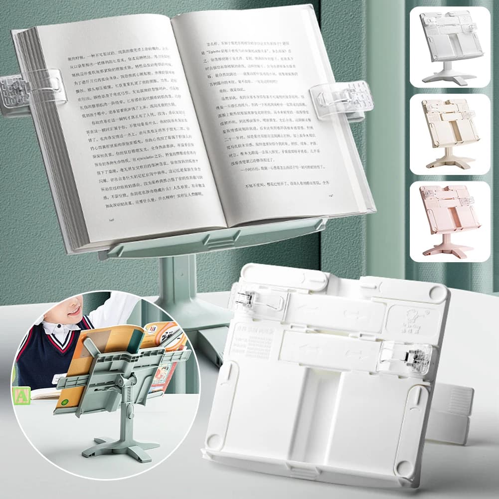 Estante de leitura cinza com livro aberto, clipes transparentes e opções de cores branca e rosa