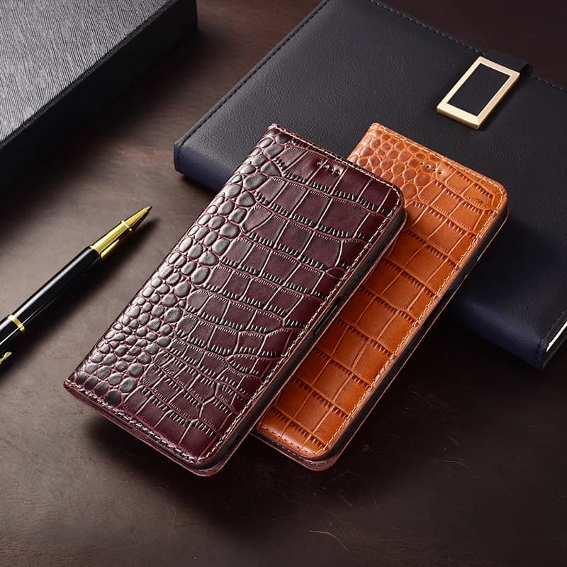 Capa de telefone em couro genuíno oxhide para Xiaomi Poco C75 C71 C65 C61 C55 C51 C50 C40 C31 C3 com padrão de crocodilo marrom escuro
