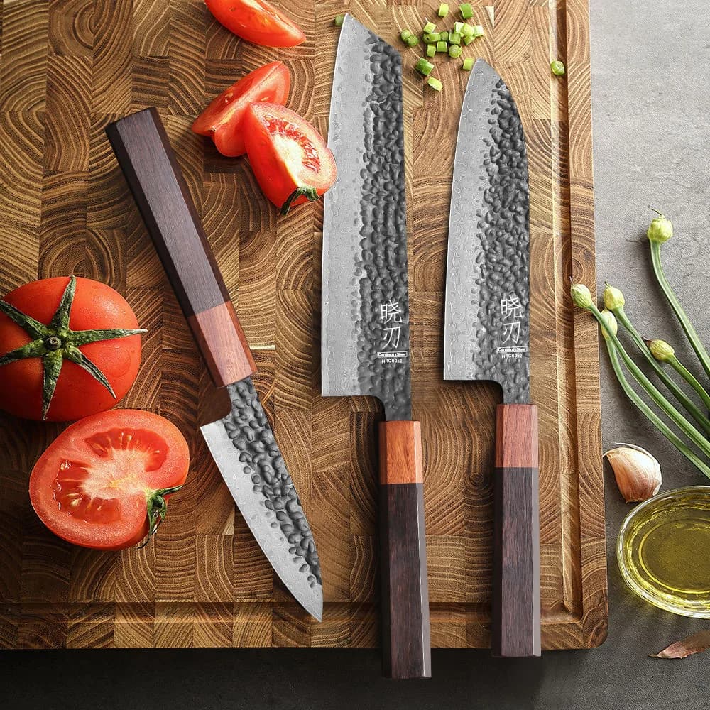Conjunto de facas profissionais Kiritsuke e Santoku em aço Damasco 67 camadas com cabo de madeira