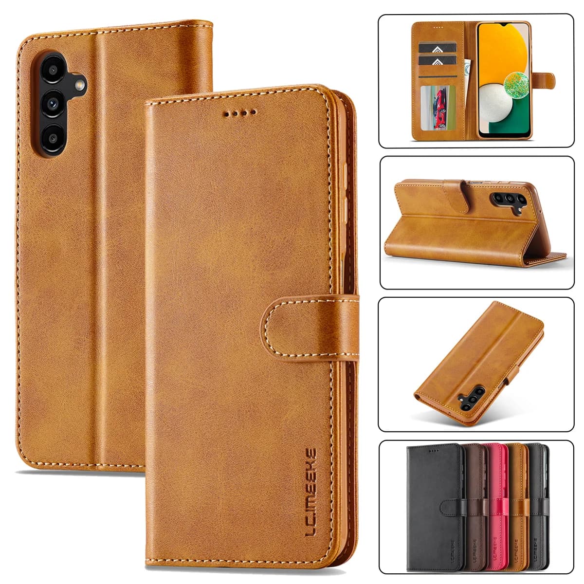 Capa de Couro Flip Marrom para Samsung com Função Carteira