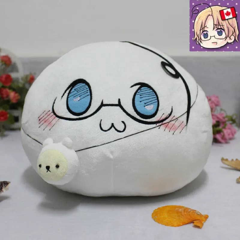 Almofada de pelúcia branca Aph Hetalia Mochi personagem de anime com óculos azuis e detalhe de ursinho