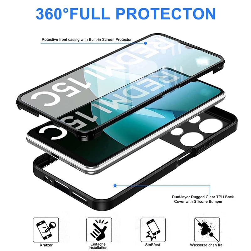Capa de telefone transparente resistente Xiaomi Redmi 15C com reflexo da câmera e logotipo
