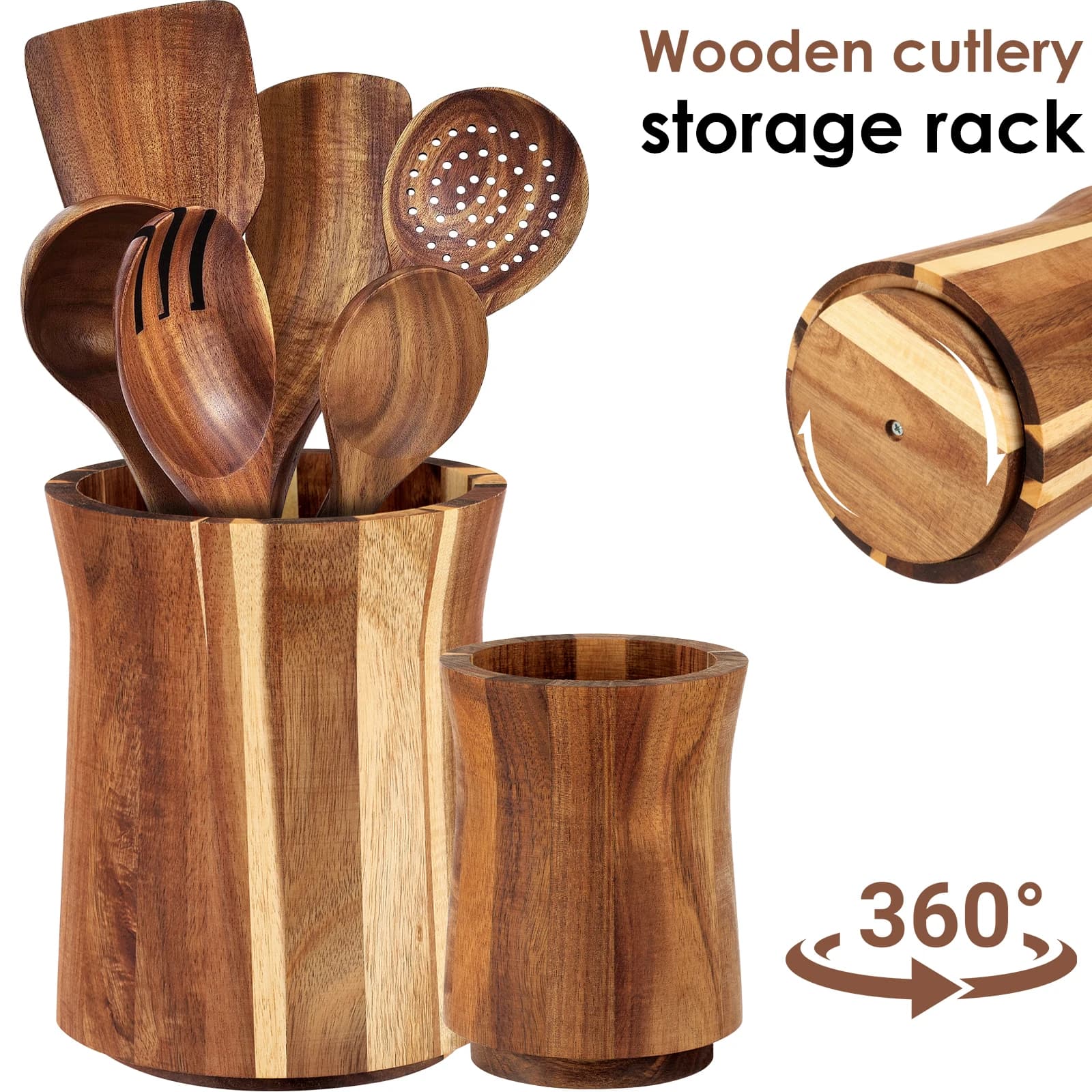 360 °   Suporte Giratório de Utensílios de Madeira para Cozinha, Organizador Antiderrapante para Bancada, Armazenamento de Utensílios Domésticos e Ferramentas de Cozinha