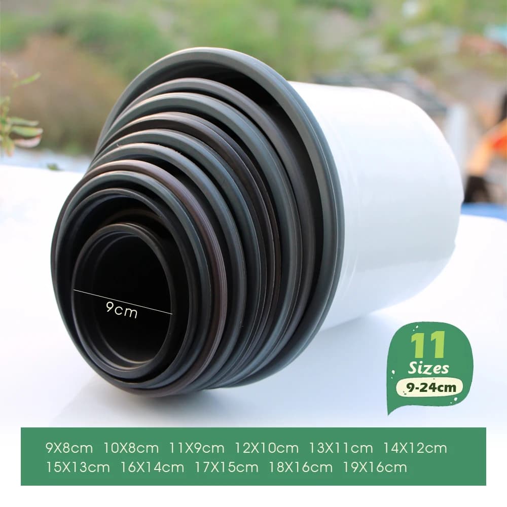 Conjunto de vasos para plantas de plástico respirável branco, tamanhos variados de 9 a 24 cm