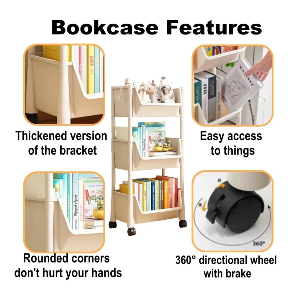 Estantes infantis com rodas removíveis para livros e brinquedos, cor bege, ambiente neutro