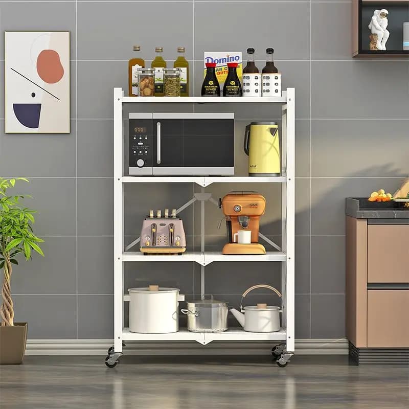 Estante multifuncional branca de metal com 5 prateleiras e rodas, usada para organizar utensílios de cozinha