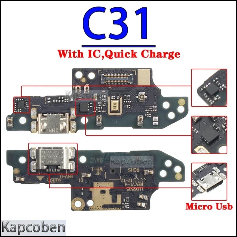 Módulo de carregamento USB preto Xiaomi Poco C31 com IC para carga rápida, conector Micro USB visível