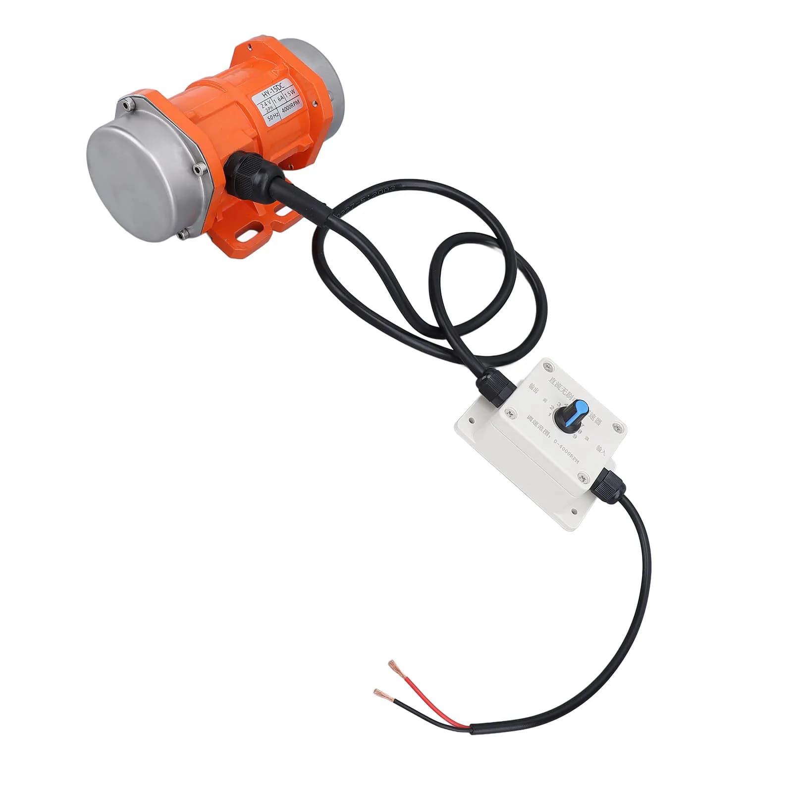 Motor de vibração laranja com cabo preto e controlador branco com botão azul para ajuste de velocidade