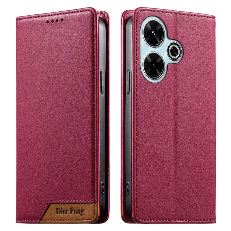 Capa de couro magnética com função de carteira para Xiaomi, várias cores, compartimento para cartão, alça de metal, gravado 'Dier Feng'.