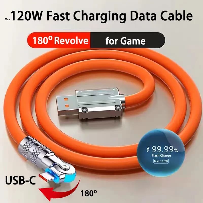 Cabo de carregamento USB tipo C 120W 7A com rotação de 180 graus, cabo elástico de silicone líquido