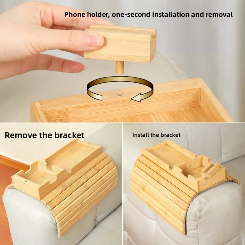 Bandeja de braço para sofá em bambu natural com suporte removível para celular e copos