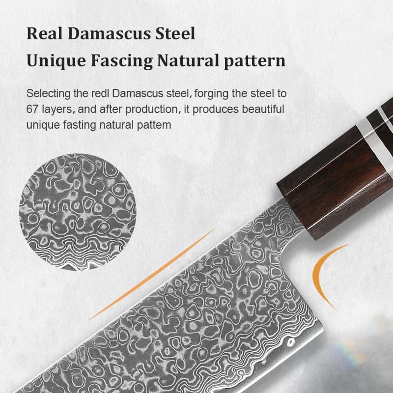 Detalhe da lâmina em aço damasco com padrão natural único da faca Kiritsuke japonesa