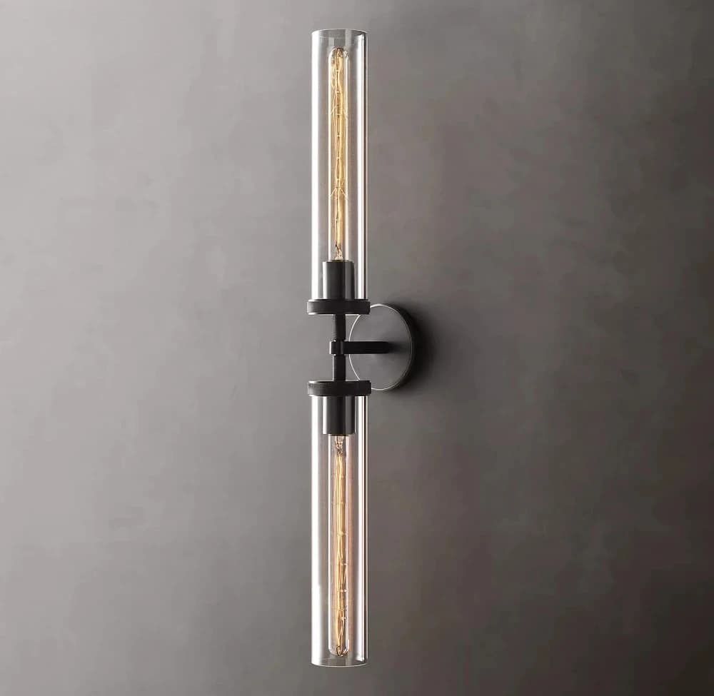 Lâmpada de parede moderna com tubo de vidro transparente e acabamento em bronze