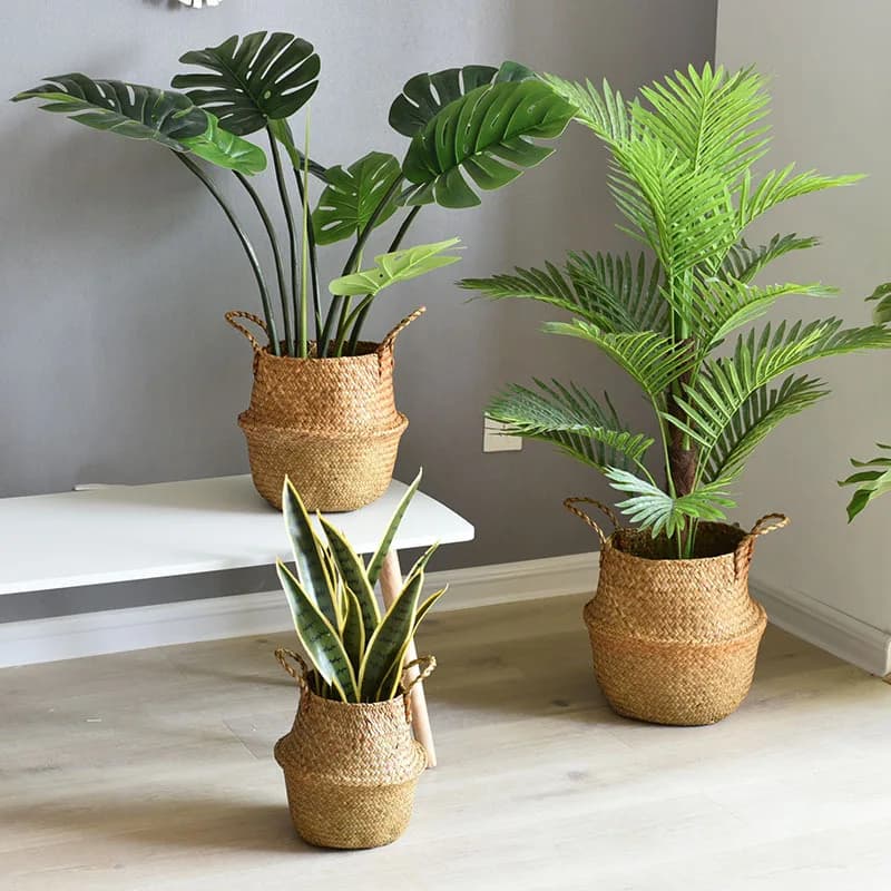 Conjunto 3 peças de cestas de armazenamento Jácotei trançadas marrom claro com alças para plantas