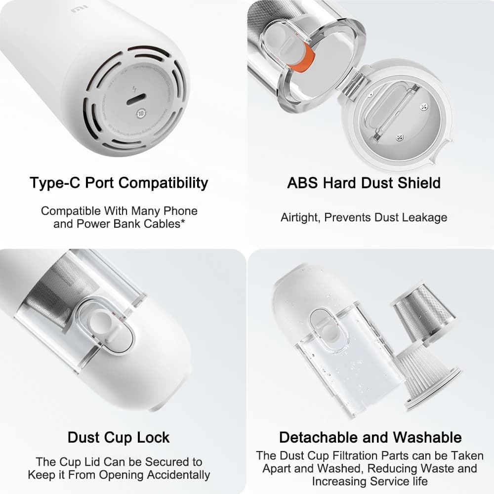 Detalhes do aspirador portátil MIJIA branco mostrando porta USB tipo C, tampa ABS, trava do copo de pó e peças laváveis