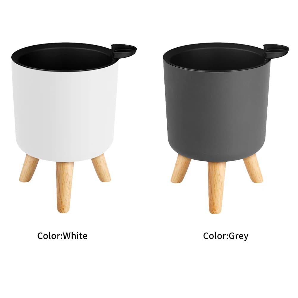 Kit vasos auto-rega branco e cinza com pernas de madeira para plantas decorativas