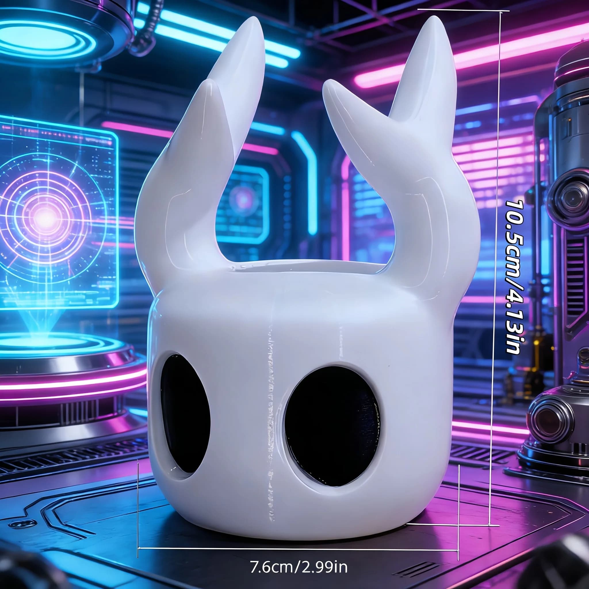 Suporte branco para controle gamer com chifres medindo 10,5cm altura e 7,6cm largura, design criativo