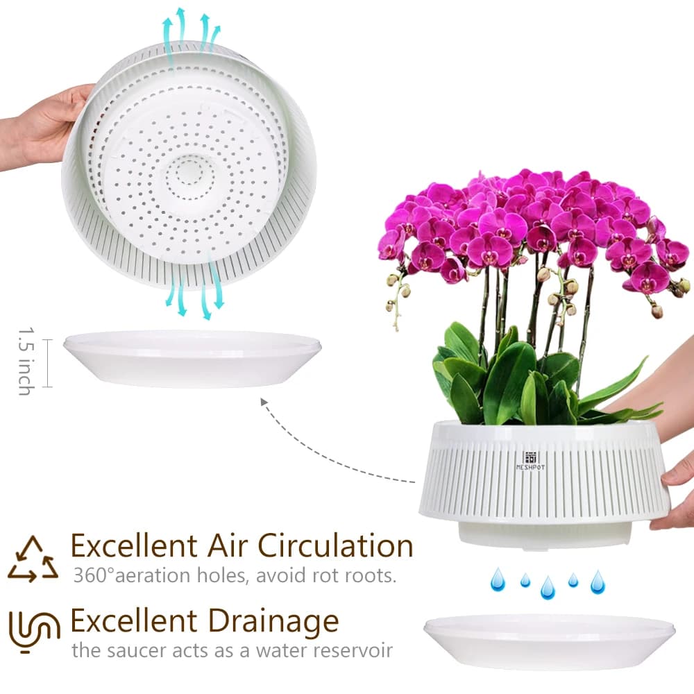 Vaso branco para plantas com circulação de ar 360° e bandeja para drenagem e reservatório de água