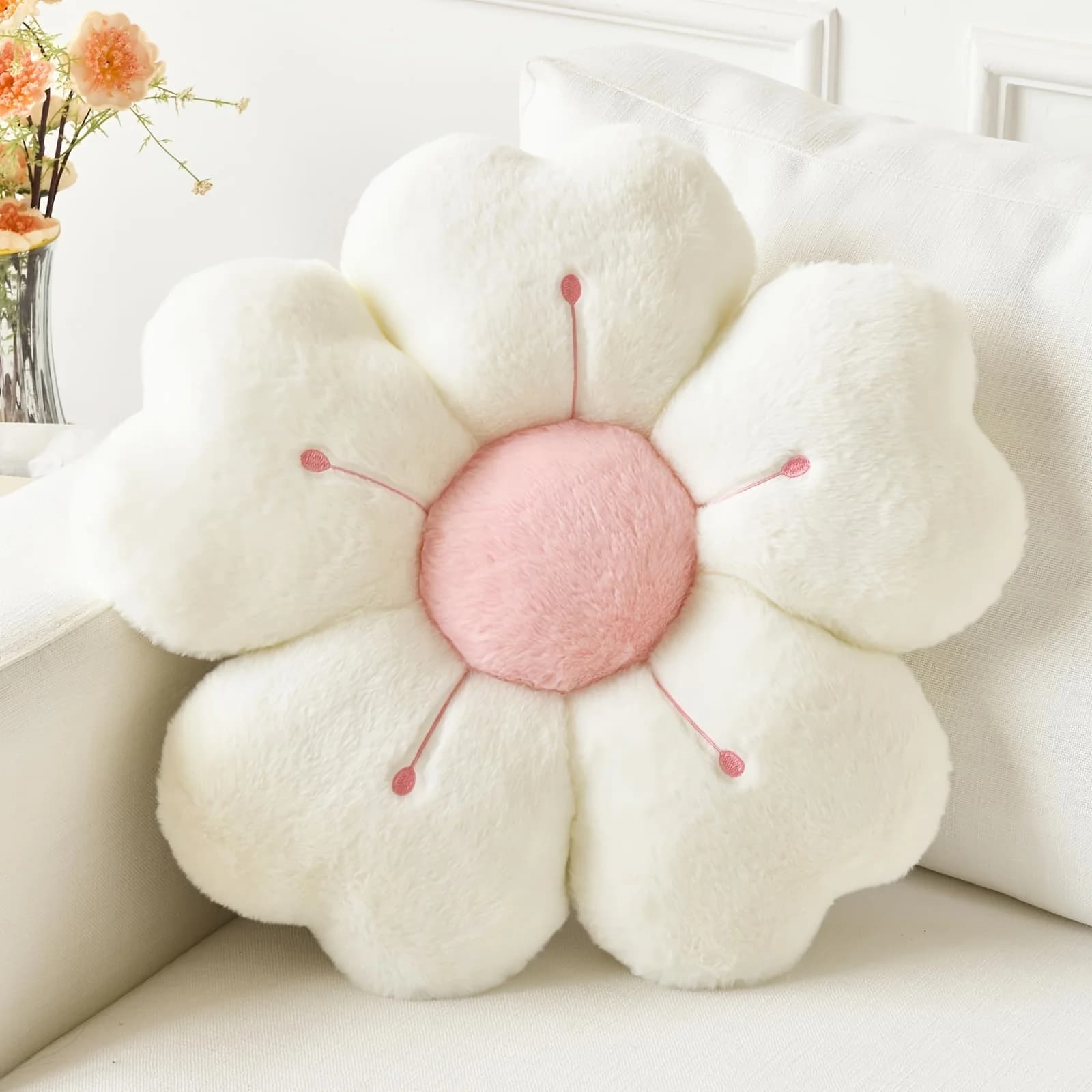 Almofada decorativa em forma de flor de margarida rosa para cama e sofá