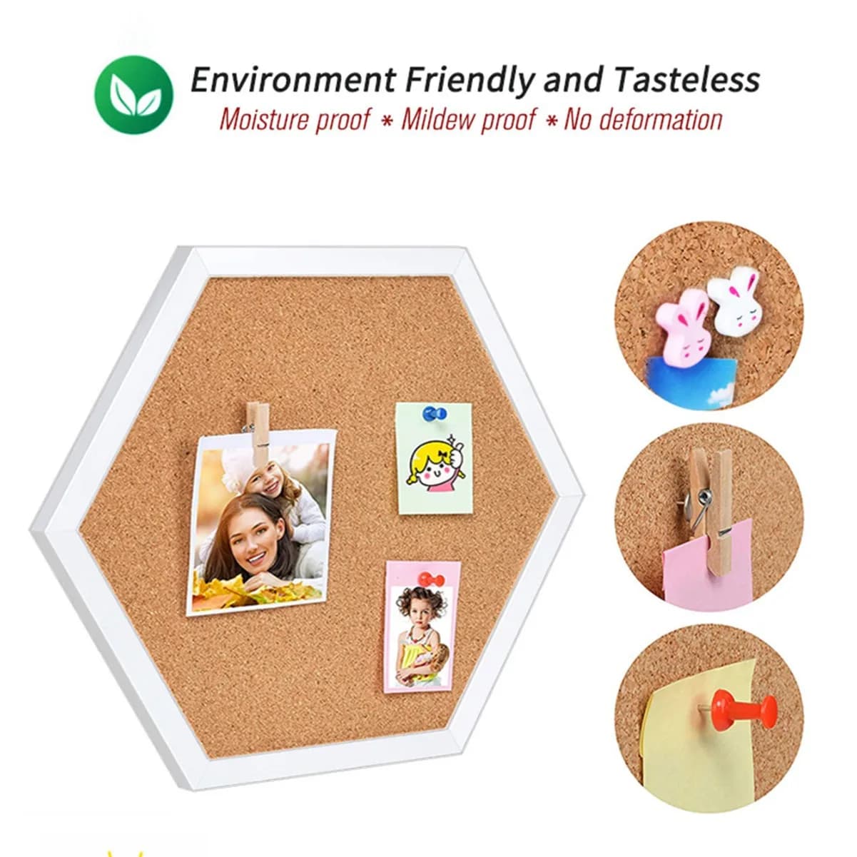 Quadro de avisos hexagonal em cortiça com moldura branca, pinos e adesivos coloridos para fotos e recados