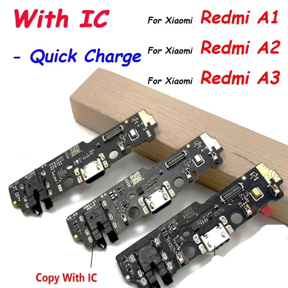 Placas de carregamento rápido USB para Xiaomi Redmi A1, A1 Plus, A2, A3 sobre superfície de madeira