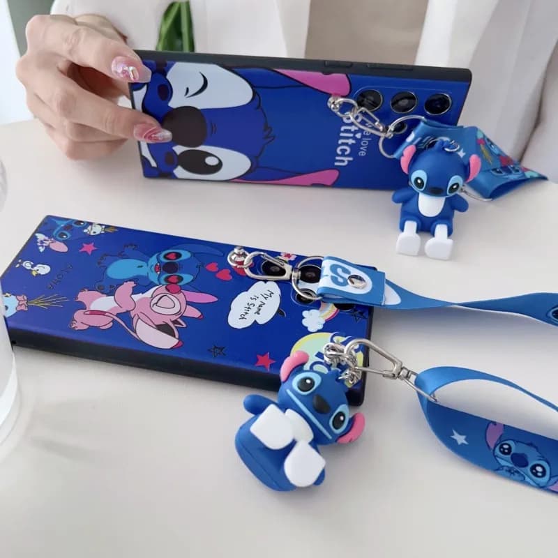 Capa azul para Xiaomi Redmi 6 com chaveiro 3D do Stitch e cordão decorado com personagens