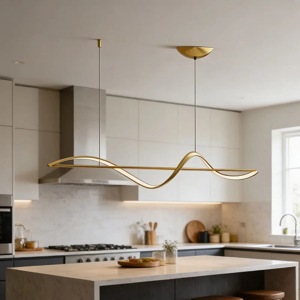 Luminária pendente LED dourada moderna com design linear ondulado para cozinha contemporânea