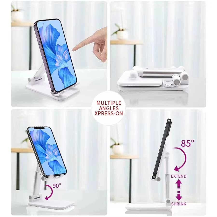 Suporte de mesa branco para celular com múltiplos ângulos de ajuste e opção de dobrar para transporte