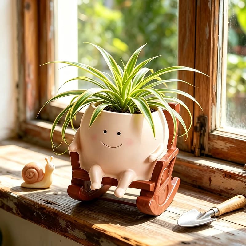 Vaso decorativo Jácotei Fantasma Sorridente rosa pálido em resina com planta verde, estilo cadeira de balanço em madeira