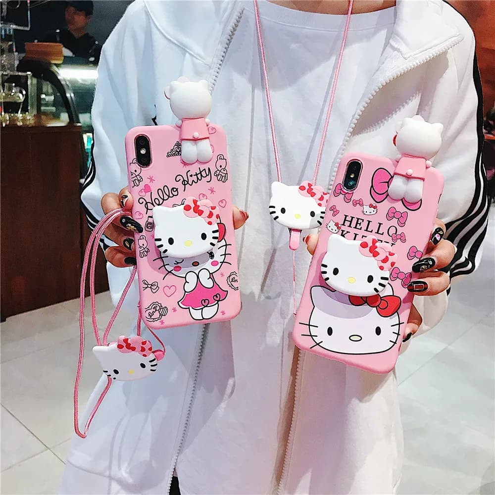 Capa Shy Hello Kitty para Samsung Galaxy A12 A11 A71 A51 A52 A22 A02s A32 A13 A53 A03s A04s A20s A33 A73 A23 com alça de suporte