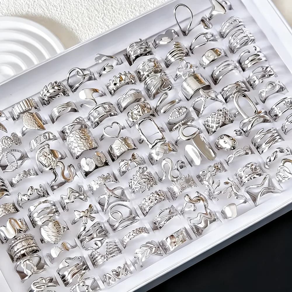 Conjunto de anéis abertos prateados em aço inoxidável com designs variados e modernos