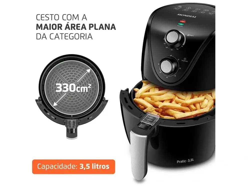 Air Fryer Mondial Pratic AF-31 preta com cesto de fritura maior área plana 330 cm² capacidade 3,5 litros