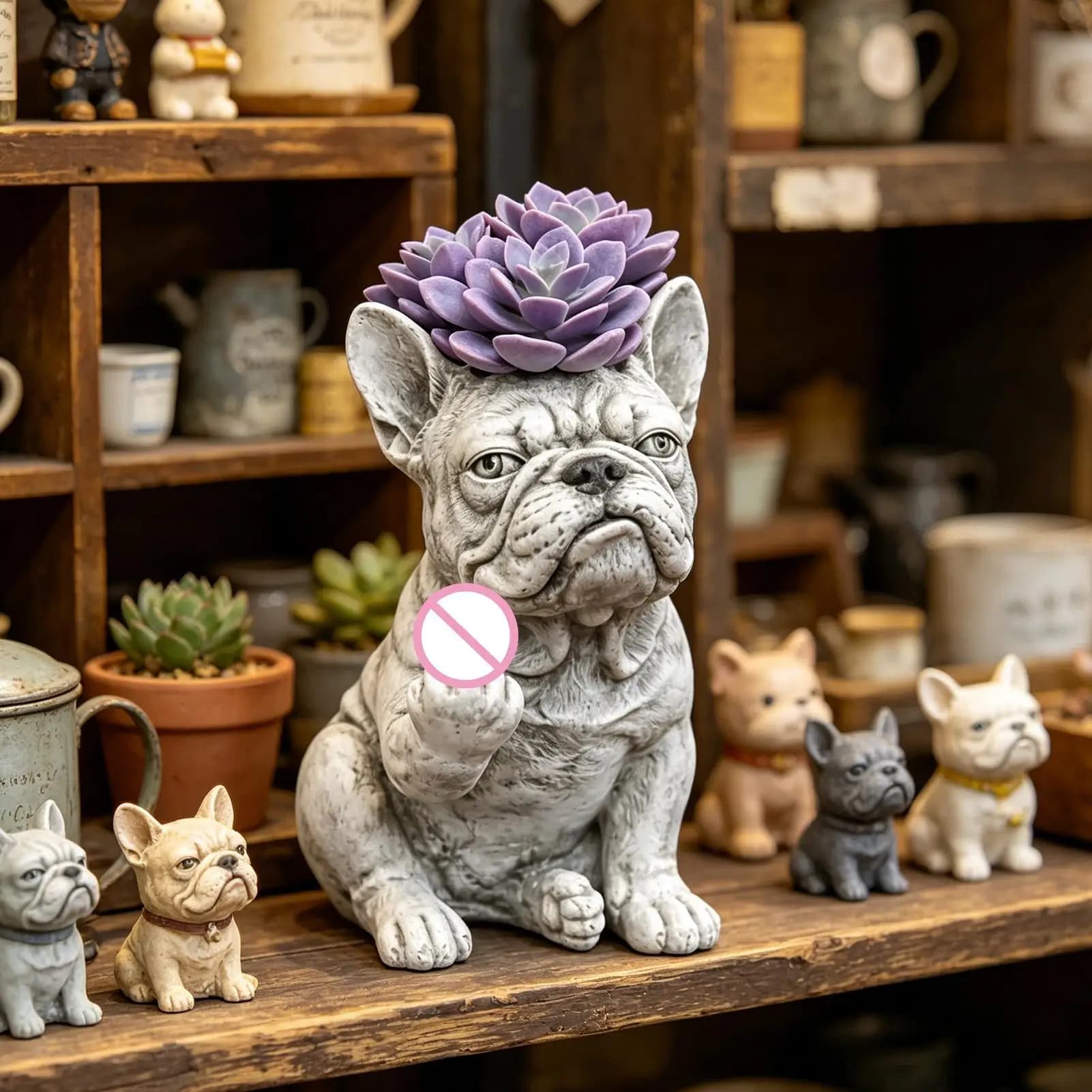 Vaso decorativo cinza em formato de bulldog francês com suculenta roxa para plantas